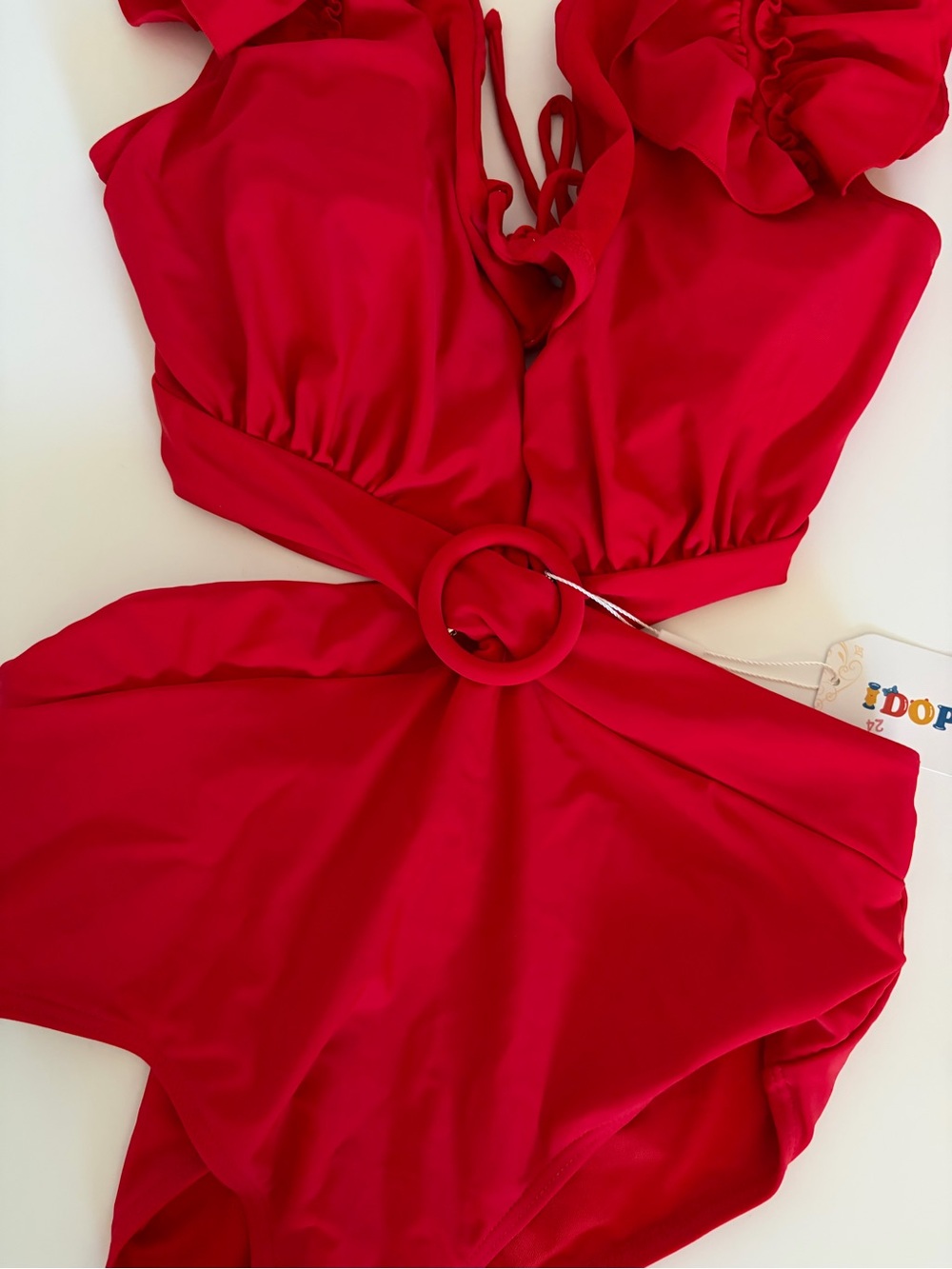 Red Ruffle Shoulder Cutout One-Piece Swimsuit NEW Medium - Picture 5 of 10